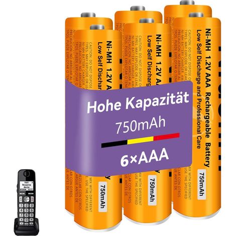 Piles Rechargeables AAA 750mah 1,2v pour Téléphone, Pile AAA 750mah Ni-MH Batterie téléphone, Lot de 6 (1/5)
