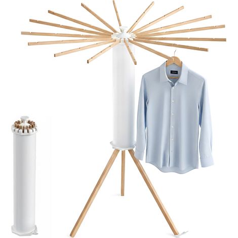 Relaxdays collapsible clothes airer, 16 drying rods, HxD 121 x 112 cm, balcony & camping, wooden rack, white/natural (1/5)