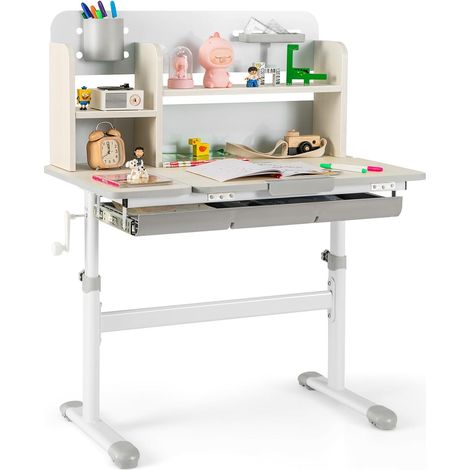 COSTWAY Escritorio de Estudio para Niños, Mesa de Escritura Juvenil de Altura Ajustable con Tablero Inclinable, Aparador, Cajón, Bandeja, Portalápices y Regla de Escala para Niños de 3-12 Años (Gris) (1/5)