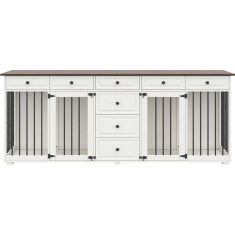 Gabbia per cani da interno in MDF e metallo con cassetti, bianco e noce, 200 x 60 x 85 cm (1/5)