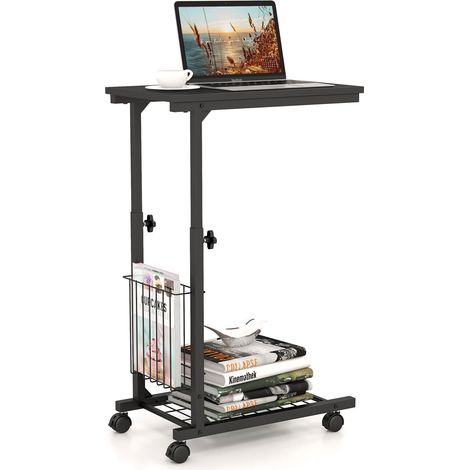 C-shaped Sofa Side Table Rolling End Table Height Adjustable w/ Storage Basket (1/5)