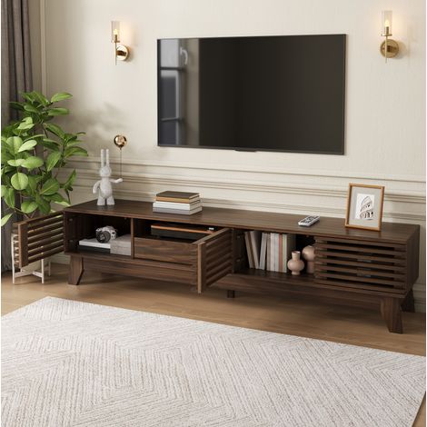 Mobile TV 170x35x40 cm con cassetto e nicchie aperte, frontale scanalato, pratico contenitore, MDF noce (1/5)