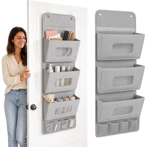 Organisateur suspendu pliable, 3 niveaux, 89 x 40 x 19 cm, organisateur de porte, rangement suspendu étanche avec 3 crochets, sans perçage, pour salle de bain, dressing et dos de porte (gris)