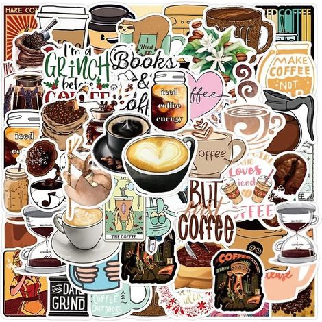 50 pièces autocollants de café - autocollants en vinyle imperméables de café pour bouteilles d'eau livre ordinateur portable vélo bagages tasse téléphone portable autocollants (1/5)