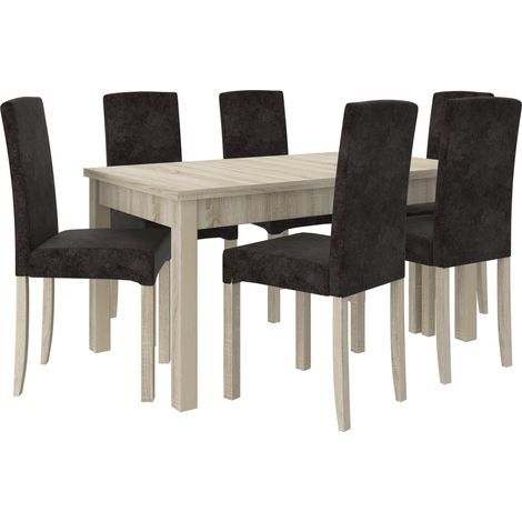 Ensemble table extensible 140-180cm et 6 chaises en bois clair sonoma et tissu gris foncé Zakria (1/5)