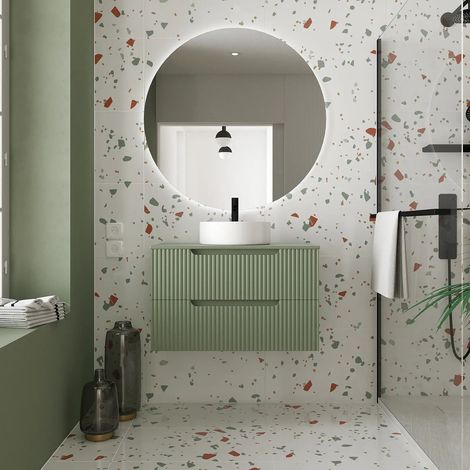 meuble de salle de bains leon 80cm vert olive - 2 tiroirs en mdf ondules - vasque ronde 36cm