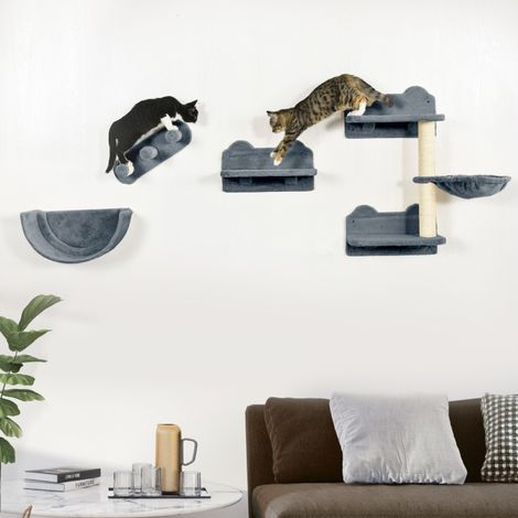Chats jusqu'à 5 kg, solution murale avec arbre à chat, plateformes en peluche, escalier et corbeille de repos (1/5)