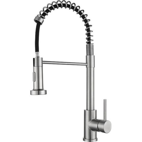 Robinet de cuisine avec pulvérisateur Rotation à 360° Robinet de cuisine à ressort 2 modes de pulvérisation avec tuyau Robinet à levier unique Éviers d'eau chaude et froide disponibles (noir et argent (1/2)