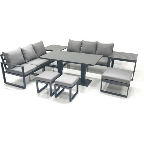 Fimous 9 Seater Aluminium Outdoor Garden Furniture Set with Adjustable Rising Lifting Dining Table 3 Seater Sofa 3 Footstools 2 Side Tables Dark Grey (1/5)