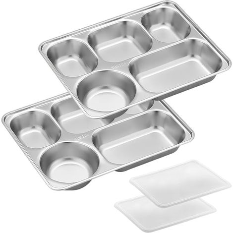 Stainless Steel Divided Rectangular Plate Tray Compartment Divided Lunch Tray Serving Tray with Lid Portion Control (1/3)