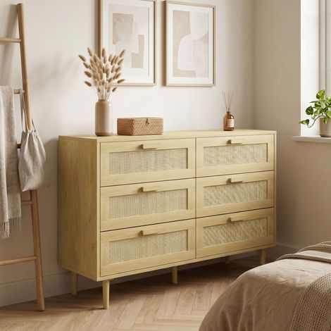 Commode pour chambre avec 6 tiroirs avec façade en rotin pieds en bois commode style bohème 110x40x75 cm chêne (1/5)