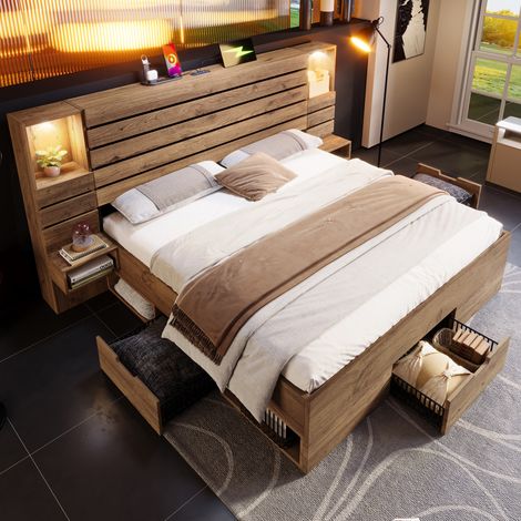 Cama doble 180x200 cm de MDF y metal color roble con LED y almacenaje, sin colchón - MEUBLIV (1/5)