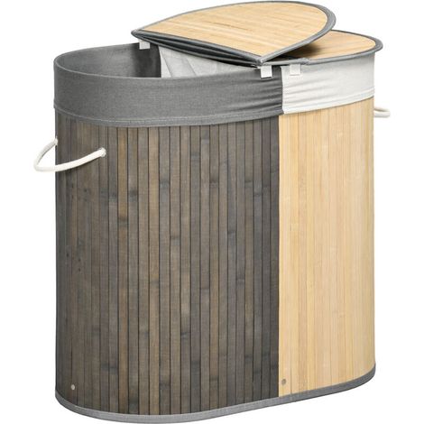 Panier à linge en bambou 100L avec 2 sections couvercle et sac amovible 62,5 x 37 x 60,5 cm - gris (1/4)