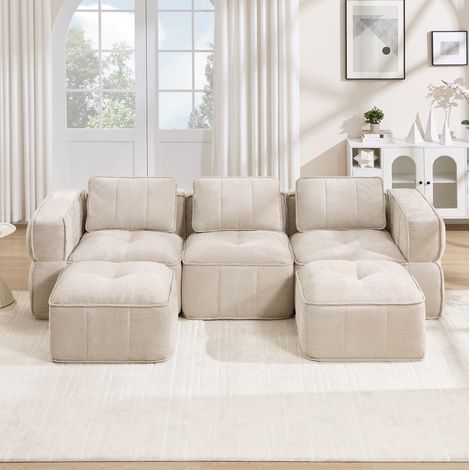 Sofá en U de 3 plazas 271x162x67 cm de poliéster beige con 2 pufs modulares (1/5)