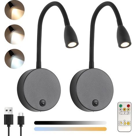2 Pcs Lampe de Lecture Murale Sans fil Dimmable avec Télécommande, Batterie 2W LED Lampe Chevet Murale, Réglable Applique Liseuse Interieur Rechargeable USB, 200LM, 3000/4500/6000K, Noir (1/5)