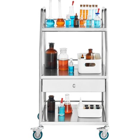 Mophorn Carrello di Servizio da Laboratorio, Carrello di Servizio in Acciaio Inossidabile a 3 Livelli, Carrello Medico con Cassetto, Carrello di Servizio Dentale con Ruote Bloccabili, per Laboratorio