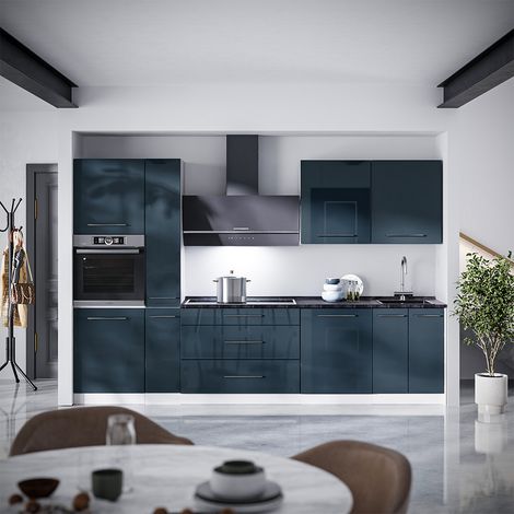 Mueble de cocina Fame-Line, Azul oscuro alto brillo/Blanco, 310 cm sin encimera, Vicco (1/5)