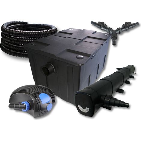 SunSun Komplettset: CBF-550 Teichfilter bis 60000 L Teichfilteranlage Durchlauffilter, CTF-12000 Teichpumpe 12000l/h 100W, CUV-272 Teichklärer UVC Klärer mit 72W, 25m Teichschlauch 25 mm, Y-Verteiler