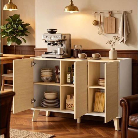 Buffet nordique 3 portes, 6 compartiments, 120 x 35 x 73,5 cm, bois naturel et blanc (1/5)