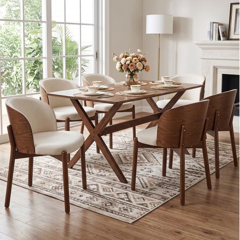 Lot de 6 chaises de salle à manger en bois, dossier enveloppant, tissu lin, couleur noyer HAVRYA (1/5)