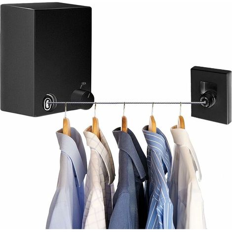 Corde à Linge Rétractable, Fil Linge Extensible en Acier Inoxydable, Corde a Linge Portable Etendoir Fil Réglable 4.2 m, Poinçon et Support Mural pour Intérieur et Extérieur noir (1/5)