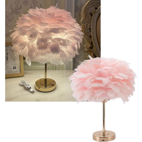 Lampe de table en plumes, rechargeable par USB, lampe de chevet en plumes d'oie, lampe de table de mariage nordique, lampe de table décorative romantique à l'ambiance chaleureuse. (1/5)