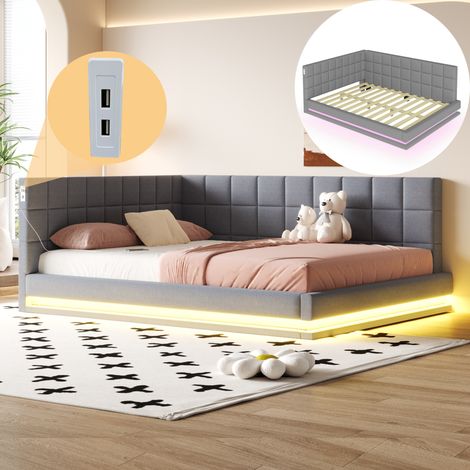 Letto matrimoniale 160 x 200 cm in velluto, divano letto multifunzione con striscia LED, porta USB e rete a doghe, tessuto morbido - Grigio (1/5)