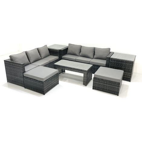 Fimous Garden Outdoor Rattan Furniture Set with Sofa Coffee table 2 Big Footstools 2 Side Tables Dark Grey Mixed (1/5)