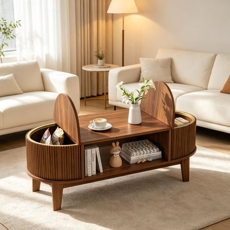 Table basse ovale – noyer – rangement triple – couvercle relevable – design rétro – 100×50×40,5 cm