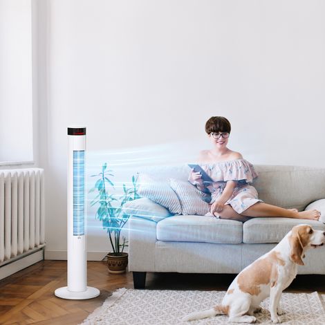Ventilador de torre con 3 velocidades y 4 modos, 45 W, temporizador de 12 h, ventilador de columna con oscilación de 70°, panel LED y mando a distancia, blanco.