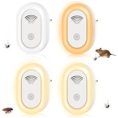 Juego de 4 repelentes ultrasónicos para roedores, frecuencia variable de 20 a 65 kHz, con efecto de luz intimidante, repelente de insectos y animales. (1/5)
