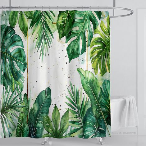 Filiyano-Rideau de douche à motif de feuilles aquarelle, imperméable, en tissu à motif floral avec crochets, L 240 x H 180 cm