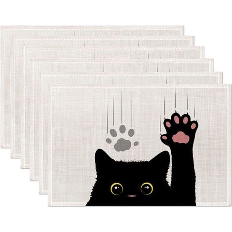 Manteles individuales con gatos negros,juego de 6 manteles individuales con gatos bonitos y divertidos,de 30 x 45 cm,resistentes al aceite (1/5)