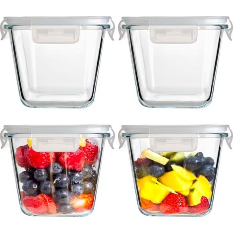 Lot de 4 récipients en verre 880 ml Convient pour conservation, micro-ondes, congélateur, four