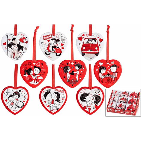 Cuori decorativi in ceramica con stampa innamorati e cordino da appendere. In espositore da 36 pezzi, set da 36 pezzi, cm 6,5 x 6,5 H