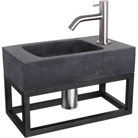 Differnz Force Set lave-mains 40x22x8cm 1 trou avec robinet courbé et siphon + bonde chrome mat Rectangulaire Pierre naturelle Noir (1/5)