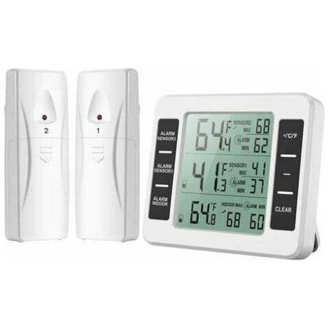 Thermomètre sans fil pour réfrigérateur avec 2 capteurs et alarme MAX/MIN - Plage de température -40℃ à 60℃ - Grand écran LCD