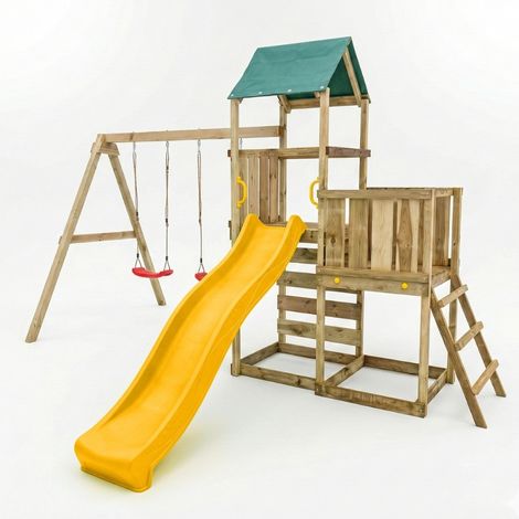 Parco giochi in legno Maxplay 3.1 con torre, scivolo giallo, doppia altalena e sabbiera (1/5)