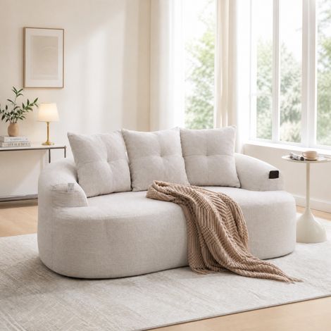 Sofá biplaza curvado contemporáneo en chenilla beige, 164 x 92 x 60 cm, 3 cojines (1/5)