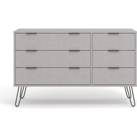 3+3 Drawer Wide Chest of Drawers - Textured Manufactured Board/Metal - 119.3 x 39.5 x 73.6 cm - Grey (1/4)