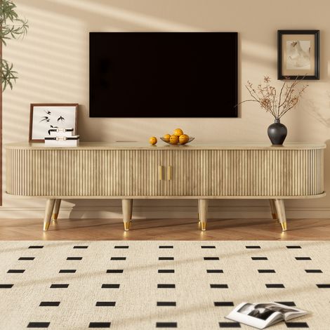 Meuble TV 175x38x45 cm chêne clair en MDF avec porte coulissante et rangements (1/5)