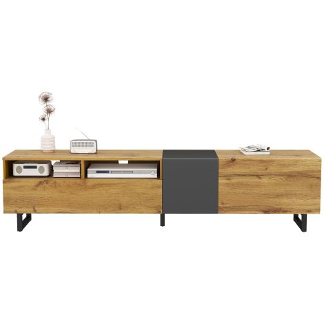 Meuble TV Colorblock : design simple aux couleurs contrastées, trois portes et deux compartiments, pieds métalliques en forme de U, finition aspect bois rétro. (1/5)