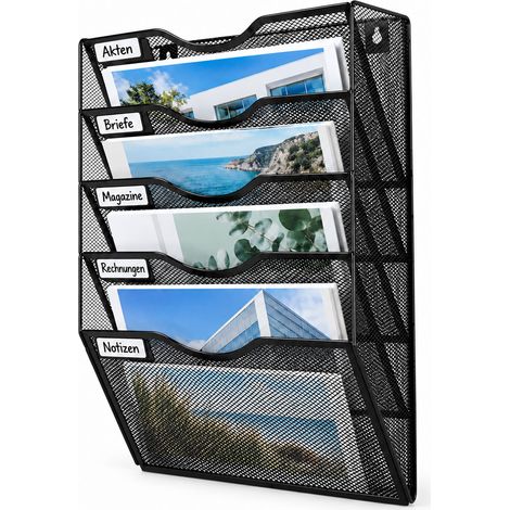Relaxdays Portarrevistas pared, A4 vertical, 5 compartimentos, metal, documentos, 42,5x32,5x11 cm, negro (1/5)