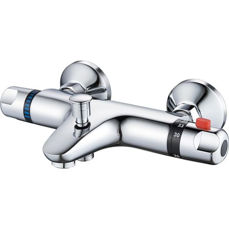 Mitigeur/Robinet Douche Thermostatique en Laiton, avec Bouton de Sécurité à 38℃, Robinet pour Baignoire avec 2 Sorties D'eau, Chromé (1/5)