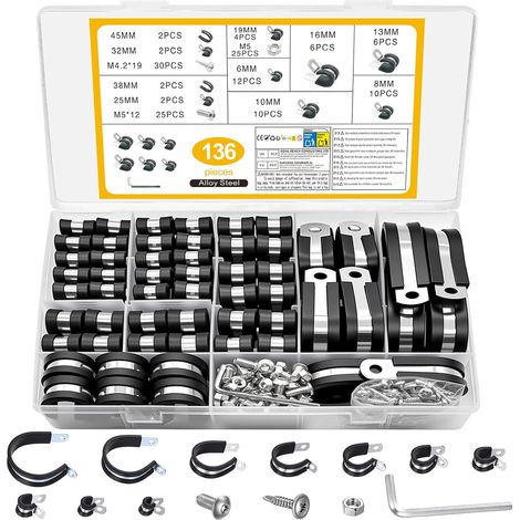 136 Pièces Colliers de Fixation de Tubes, Colliers de Serrage en Acier Inoxydable, P Clips de Serrage en Caoutchouc, P Colliers de Serrage en Métal, 6mm 8mm 10mm 13mm 16mm 19mm 25mm 32mm 38mm 45mm (1/5)