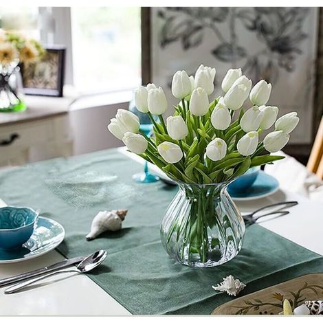 Bouquet di 10 splendidi tulipani artificiali in PU dall'aspetto realistico con stelo - Bianco (1/3)