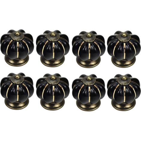 8 x Boutons de tiroir en céramique bouton de meuble forme citrouille pour tiroirs et placards de cuisine (Noir) (1/4)