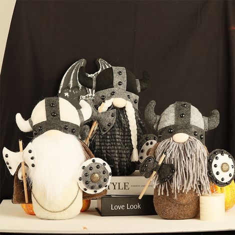 Wikinger-Zwergenkrieger-Figuren, gehörnter Helm und Schild, Weihnachtstischdekoration, schwarzer, weißer und brauner Zwergenritter, 3er-Set (1/4)