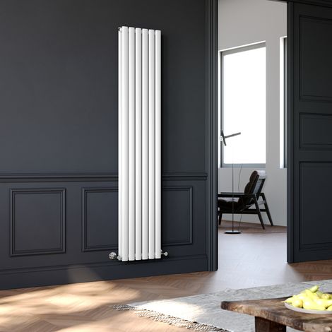 ELEGANT Vertical Radiator 1800 x 354mm Double Panel Designer White Oval Column Heating Rad with Angled Radiator Valves (1/5)