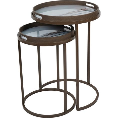 Blurred Seascape Side Tray Tables (Set of 2) - Iron/Glass/Plastic - L47 x W47 x H68 cm - White/Brown